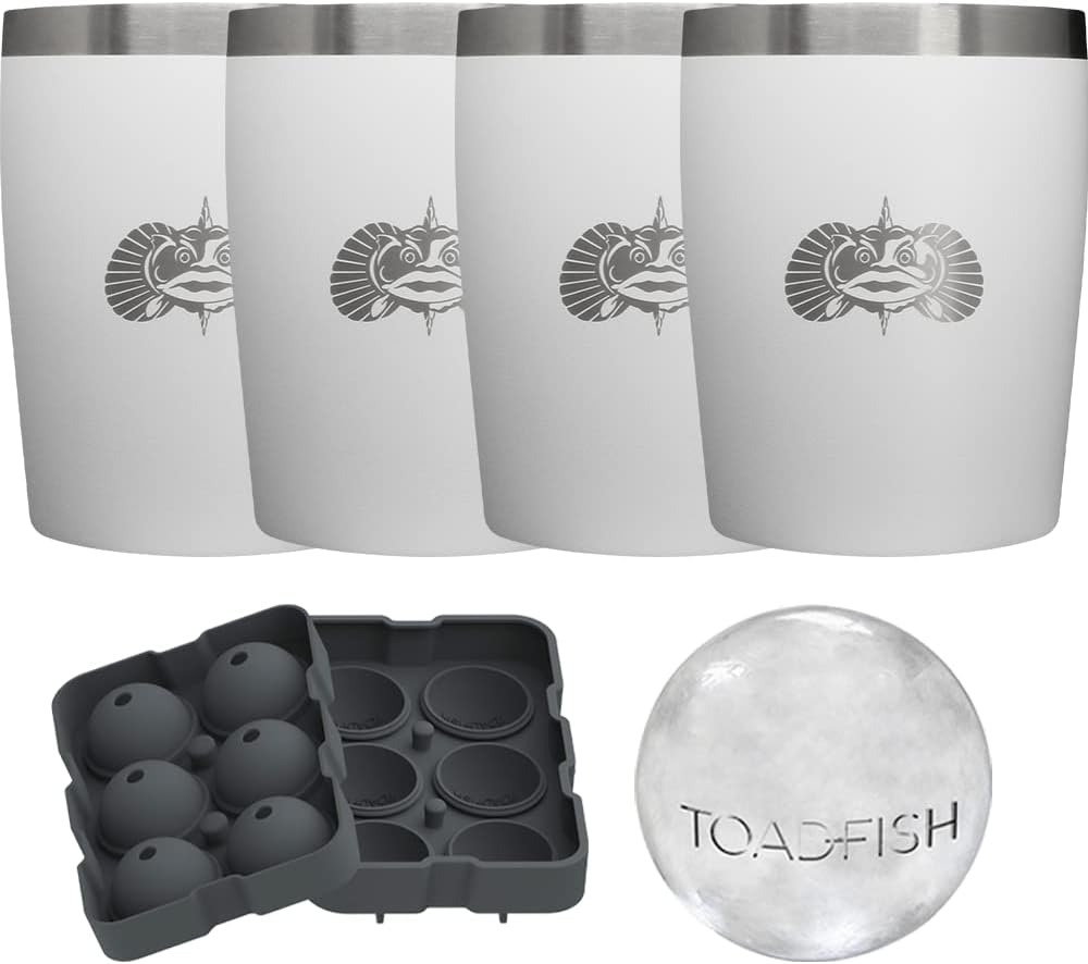 Toadfish Rocks Tumbler Gift Set w/ Ice Ball Tray - 4-Pack - White.