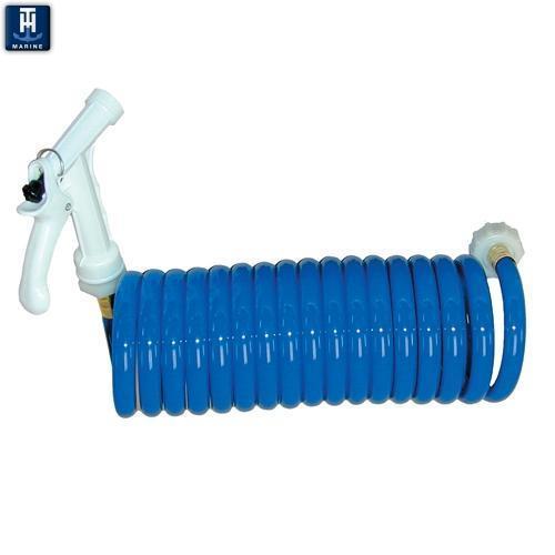 T-H Marine Wash Down Coiled Hose - 15' - Blue - Pistol Grip Nozzle.