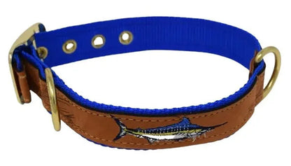 Zep-Pro Brown Leather Marlin Dog Collar Nylon Royal Blue Backing.