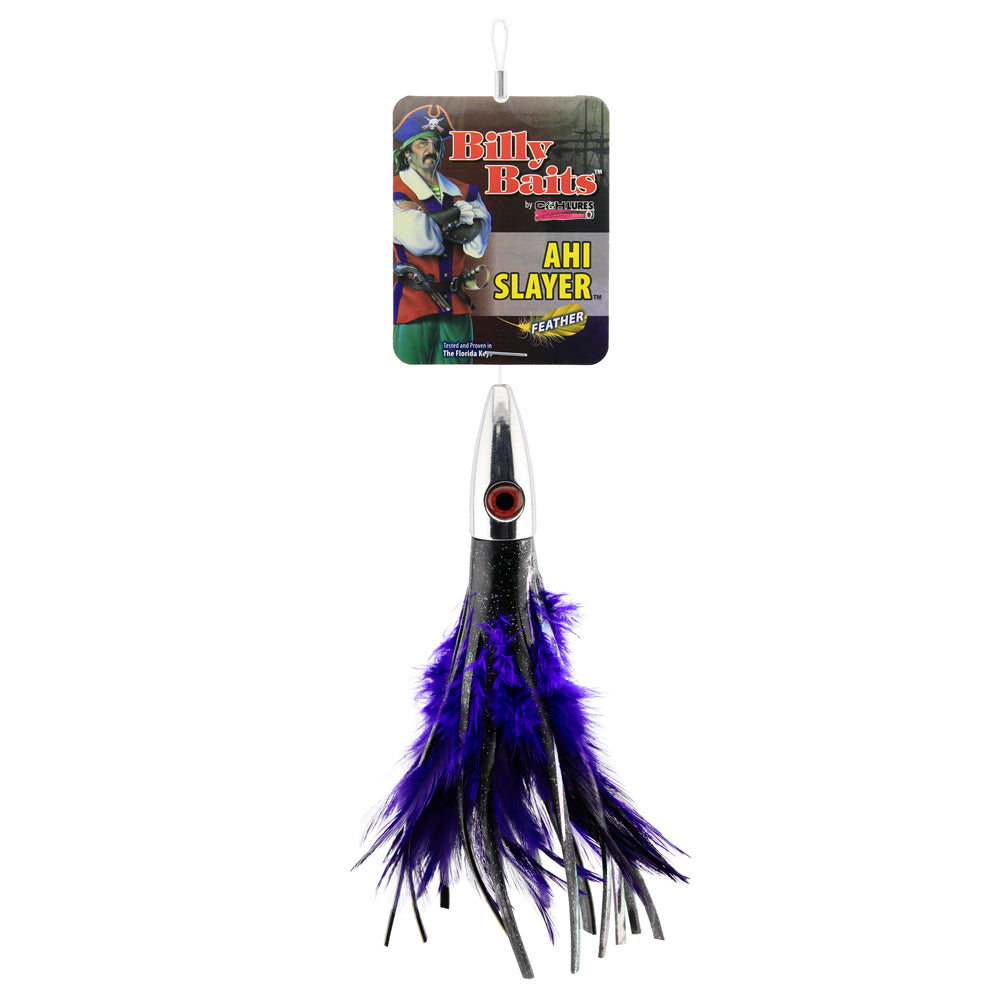 Billy Baits, Ahi Slayer Lure, Black/Purple Feather/Vinyl Skirt, 5 in / 12.7 cm