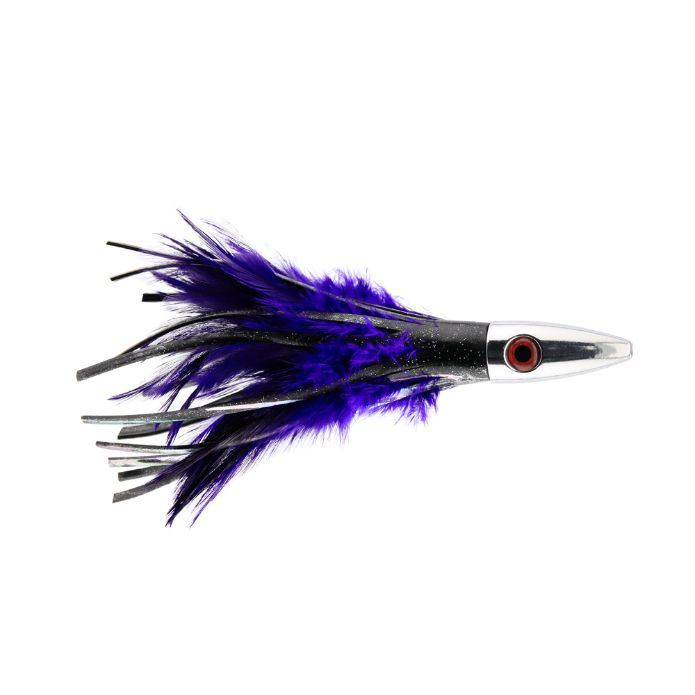 Billy Baits, Ahi Slayer Lure, Black/Purple Feather/Vinyl Skirt, 5 in / 12.7 cm