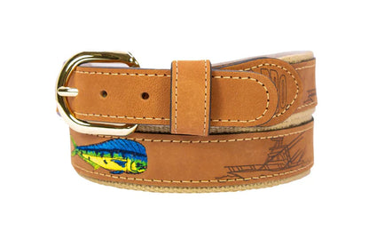 Zep-Pro Dolphin Mahi-Mahi Embroidered Nubuck Tan Leather Belt.