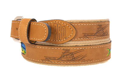 Zep-Pro Dolphin Mahi-Mahi Embroidered Nubuck Tan Leather Belt.