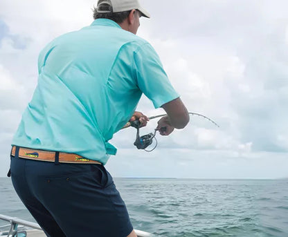 Zep-Pro Dolphin Mahi-Mahi Embroidered Nubuck Tan Leather Belt.