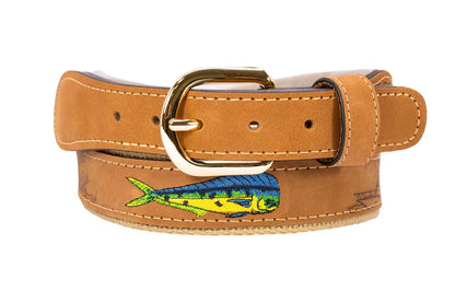 Zep-Pro Dolphin Mahi-Mahi Embroidered Nubuck Tan Leather Belt.