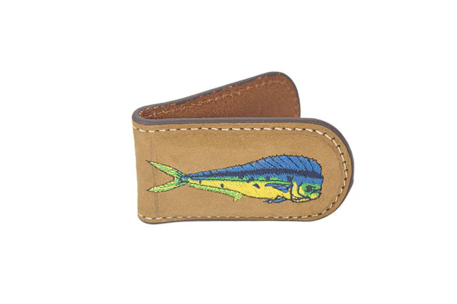 Zep-Pro Embroidered Full Grain Leather Brown Money Clip Dolphin Mahi