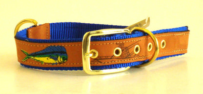 Zep-Pro Brown Leather Mahi Dolphin Dog Collar Nylon Royal Blue Backing.