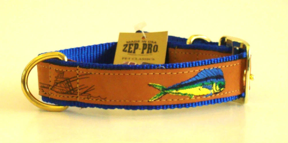 Zep-Pro Brown Leather Mahi Dolphin Dog Collar Nylon Royal Blue Backing.