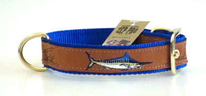 Zep-Pro Brown Leather Marlin Dog Collar Nylon Royal Blue Backing.