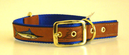 Zep-Pro Brown Leather Marlin Dog Collar Nylon Royal Blue Backing.