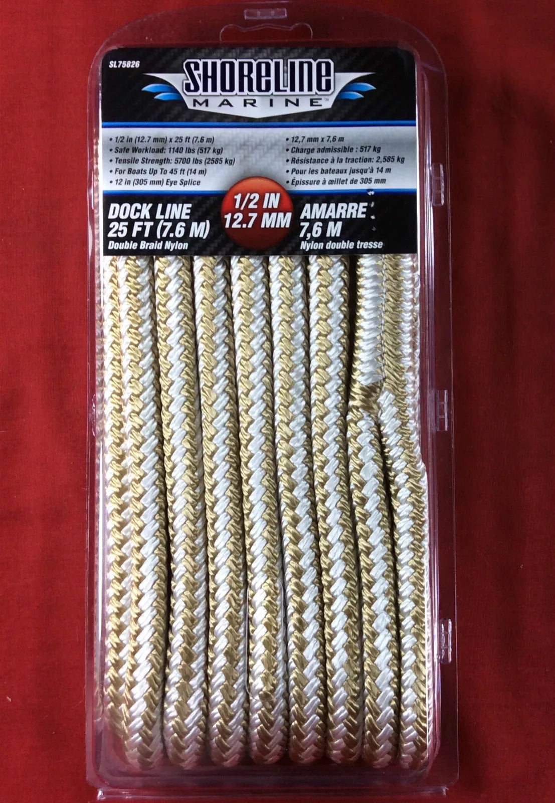 ShoreLine Marine 1/2" x 25' Double Braid Dock Line Gold/White Nylon.