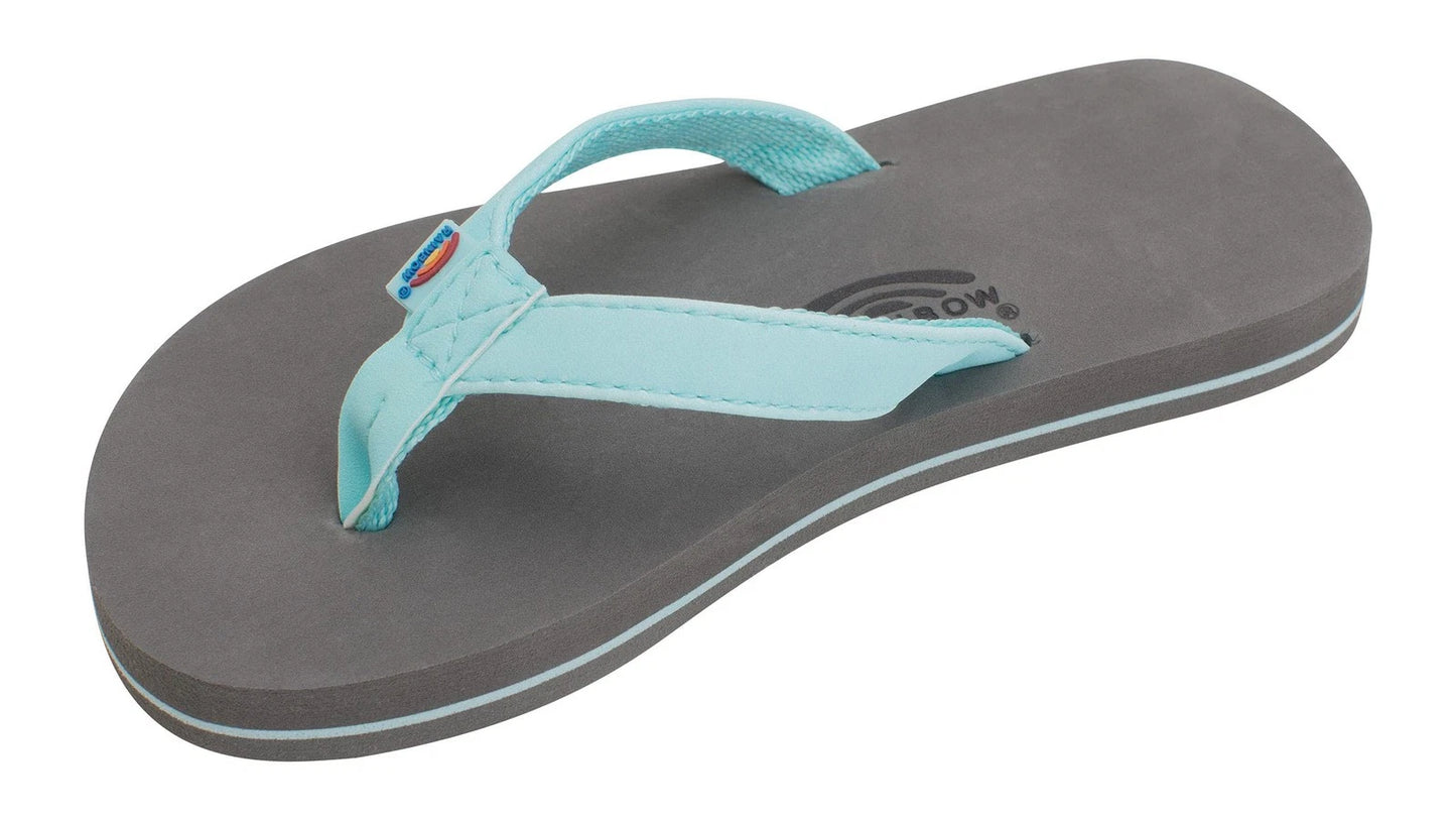 Rainbow Sandal's Grombow's Kids Soft Grey Flip Flops w/ Narrow Aqua Neoprene Strap