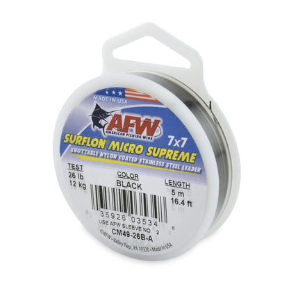 AFW Surflon Micro Supreme, Nylon Coated 7x7 Stainless Steel Leader Wire, 26 lb / 12 kg test, .018 in / 0.46 mm dia, Black, 16.4 ft / 5 m