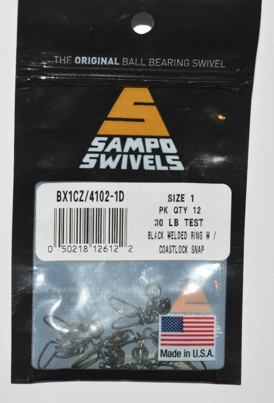sampo swivels ball bearing welded ring w/ coastlock snap size 1 30lb black