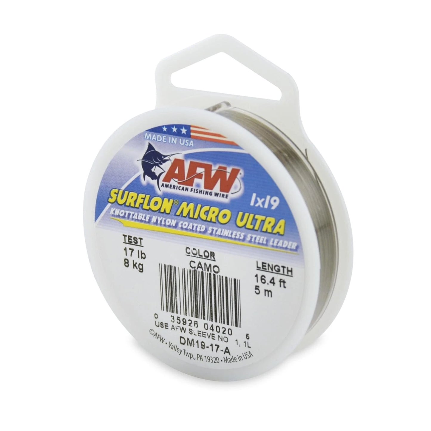 Surflon Micro Ultra, Nylon Coated 1x19 Stainless Steel Leader Wire, 17 lb / 8 kg test, .015 in / 0.37, Camo, 16.4 ft / 5 m