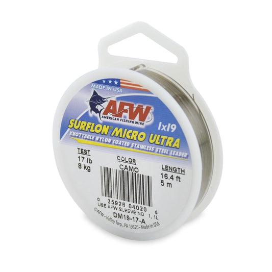 Surflon Micro Ultra, Nylon Coated 1x19 Stainless Steel Leader Wire, 17 lb / 8 kg test, .015 in / 0.37, Camo, 16.4 ft / 5 m