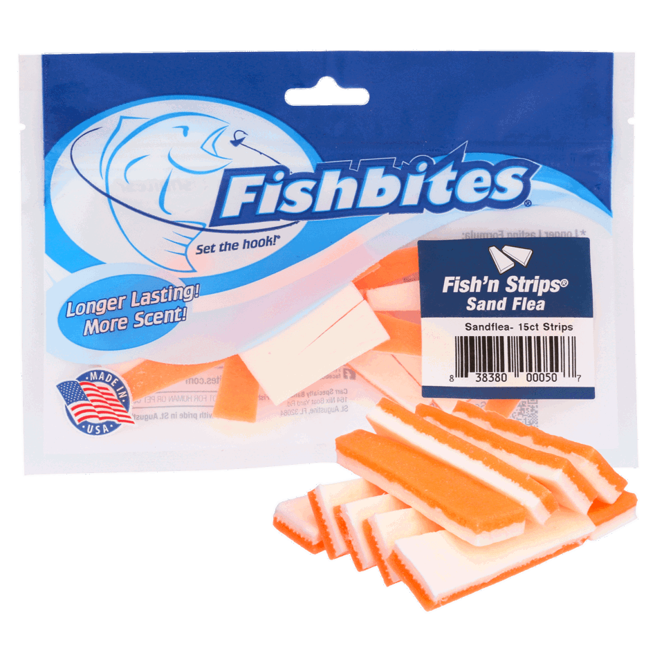 Fishbites Fish 'n' Strips Sand Flea Longer Lasting Bait Strips, 1 1/2", Orange/White, 15/Pack