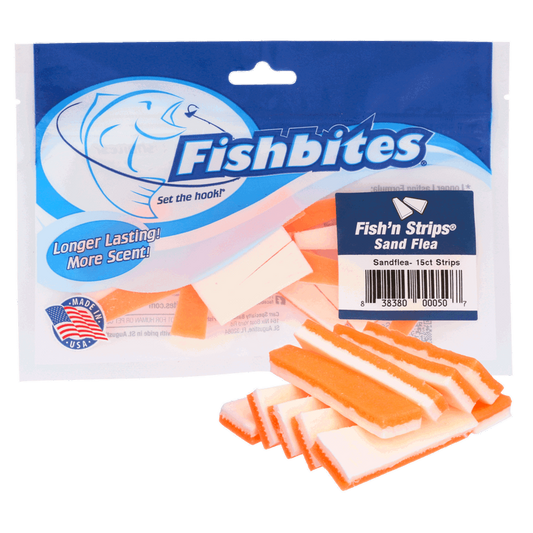 Fishbites Fish 'n' Strips Sand Flea Longer Lasting Bait Strips, 1 1/2", Orange/White, 15/Pack