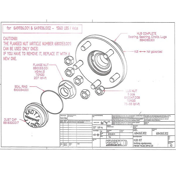 Knott Galvanized EZ-Loader Trailer 5 Lug Wheel Hub Kit Sealed Bearings. 250-033290